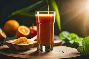 une verre de Orange jus avec épices et des fruits. généré par ai photo