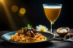 spaghetti avec Viande et des légumes sur une plaque. généré par ai photo