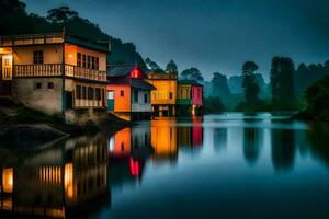 une maison dans le milieu de une Lac à nuit. généré par ai photo