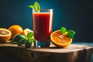 une verre de jus avec des oranges et menthe feuilles. généré par ai photo