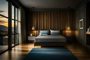 une chambre avec en bois des murs et une lit. généré par ai photo