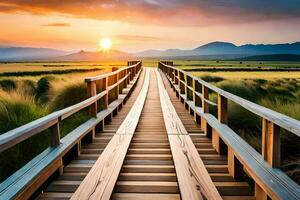 une en bois pont plus de une champ avec le Soleil réglage derrière il. généré par ai photo