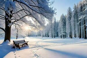 une banc est assis dans le neige suivant à des arbres. généré par ai photo