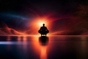 une homme séance dans méditation dans de face de une brillant lumière. généré par ai photo