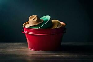 une rouge seau avec une chapeau à l'intérieur. généré par ai photo