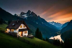 le maison dans le montagnes. généré par ai photo