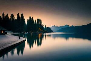 une Lac à le coucher du soleil avec des arbres et une cabine. généré par ai photo