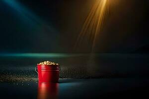 une rouge seau rempli avec pop corn sur une foncé surface. généré par ai photo