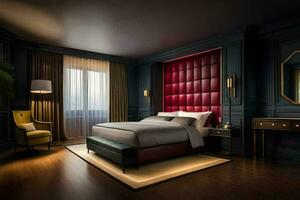 une chambre avec une rouge tête de lit et une lit. généré par ai photo