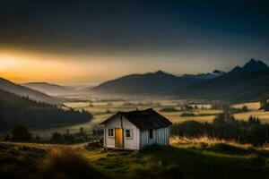 une petit maison dans le milieu de une champ à le coucher du soleil. généré par ai photo