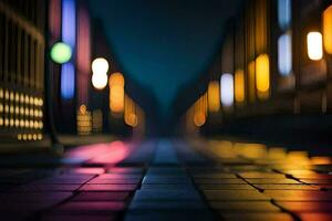 une floue photo de une rue à nuit. généré par ai