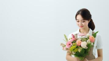 une Japonais fleuriste regards à le la gauche dans une en pensant pose ai généré photo