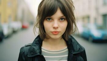 intense Jeune les filles regard dans fermer vue ai généré photo