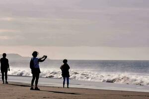 Trois gens permanent sur le plage avec leur Téléphone (s photo