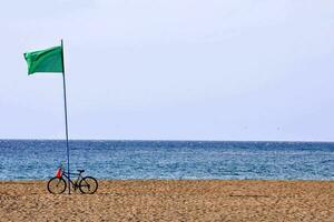 une vélo est garé sur le plage avec une vert drapeau photo