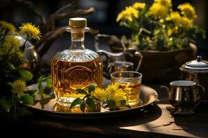 tasse de aromatique tilleul thé avec Frais fleurs sur le tableau. biologique et naturel, à base de plantes chaud en bonne santé boisson. ai généré photo