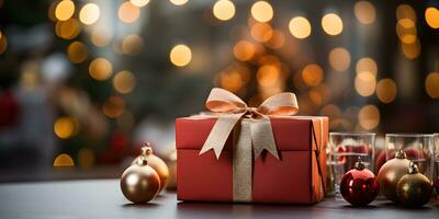 rouge cadeau boîte avec Noël ornements décoration sur flou embrasé lumières Contexte. de fête bannière stylé composition. photo