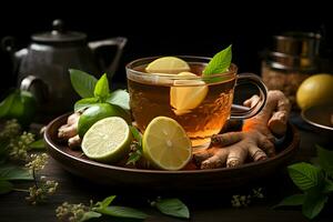 tasse de aromatique gingembre et citron thé avec Frais feuilles et des fruits tranches sur le tableau. biologique et naturel, chaud en bonne santé boisson. ai généré photo