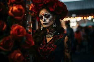 magnifique fermer portrait de Jeune femme dans traditionnel calavera catrina tenue et maquillage pour le journée de le mort à le nationale mexicain festival. ai généré photo