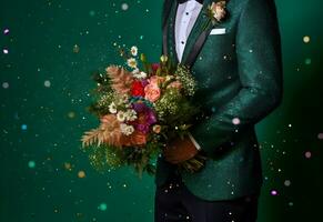 homme dans une costume en portant une bouquet de fleurs avec de fête clinquant et confettis sur une vert Contexte avec copie espace. généré ai. photo