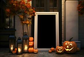 Halloween Bienvenue enseigne maquette avec citrouilles, lanterne et déchue feuilles. noir planche avec l'automne vacances décoration avec copie espace. généré ai. photo