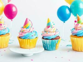 anniversaire petits gâteaux avec Contexte de coloré des ballons ai génératif photo