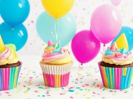 anniversaire petits gâteaux avec Contexte de coloré des ballons ai génératif photo