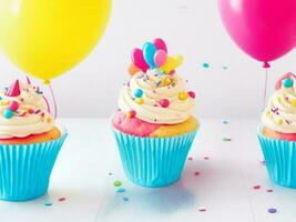 anniversaire petits gâteaux avec Contexte de coloré des ballons ai génératif photo