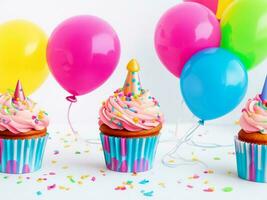 anniversaire petits gâteaux avec Contexte de coloré des ballons ai génératif photo