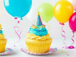 anniversaire petits gâteaux avec Contexte de coloré des ballons ai génératif photo