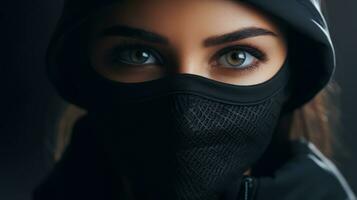 portrait de une magnifique Jeune femme dans une noir cagoule. génératif ai photo