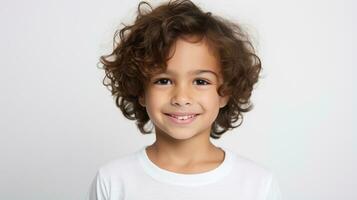 fermer portrait de une mignonne peu garçon avec frisé cheveux plus de gris Contexte génératif ai photo