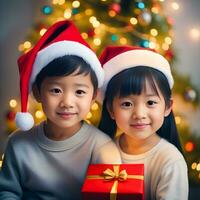 content enfant avec une Noël cadeau des boites avec une décoré Noël arbre dans une pièce - généré image photo