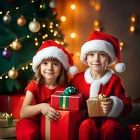 content enfant avec une Noël cadeau des boites avec une décoré Noël arbre dans une pièce - généré image photo