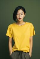 portrait de une magnifique asiatique femme dans Jaune T-shirt génératif ai photo