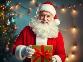 Père Noël claus avec une présent cadeau boîte dans le pièce avec Noël arbre Contexte - généré image photo