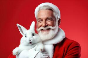 portrait de Père Noël claus avec une blanc lapin sur une rouge Contexte. génératif ai photo