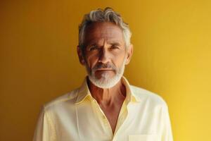 portrait de une Sénior homme avec gris cheveux et barbe permanent contre Jaune Contexte génératif ai photo