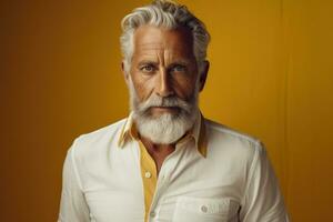 portrait de une Sénior homme avec gris barbe et moustache dans une blanc chemise sur une Jaune Contexte génératif ai photo