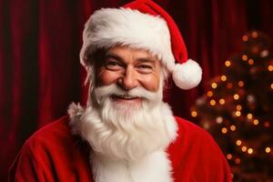 portrait de Père Noël claus souriant et à la recherche à le caméra. Noël Contexte. génératif ai photo