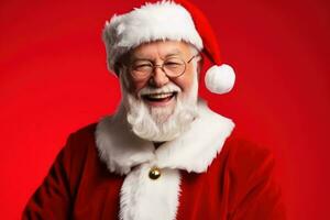 portrait de Sénior homme dans Père Noël claus vêtements plus de rouge Contexte. génératif ai photo