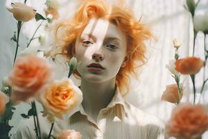 portrait de une roux fille avec taches de rousseur sur sa visage génératif ai photo