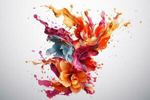 vibrant Couleur composition de fleurs et peindre éclaboussures, isolé sur une blanc Contexte. génératif ai photo