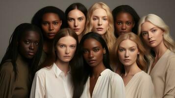 groupe de femmes avec différent peau tons. beauté et mode. studio tir. génératif ai photo