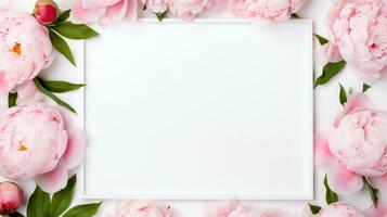 Cadre fabriqué de rose pivoine fleurs sur blanc Contexte. plat poser, Haut vue génératif ai photo