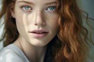 portrait de une magnifique roux fille avec taches de rousseur génératif ai photo