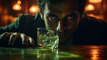 ivre homme dans une bar avec une verre de whisky. de l'alcool dépendance. génératif ai photo