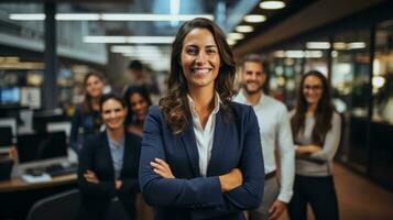 portrait de une souriant femme d'affaires avec sa collègues dans le Contexte génératif ai photo