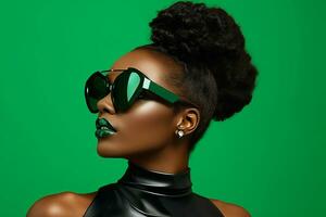 ai généré studio portrait de une magnifique noir peau africain femme dans des lunettes de soleil sur différent couleurs Contexte photo