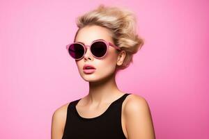 ai généré studio portrait de magnifique Jeune blond femme dans des lunettes de soleil sur différent Couleur Contexte photo